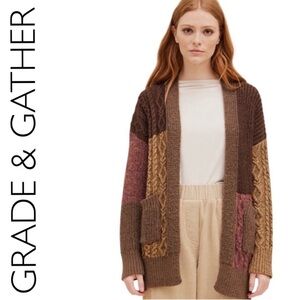 Grade & Gather Brown Multi-Panel Cable Knit Open Cardigan